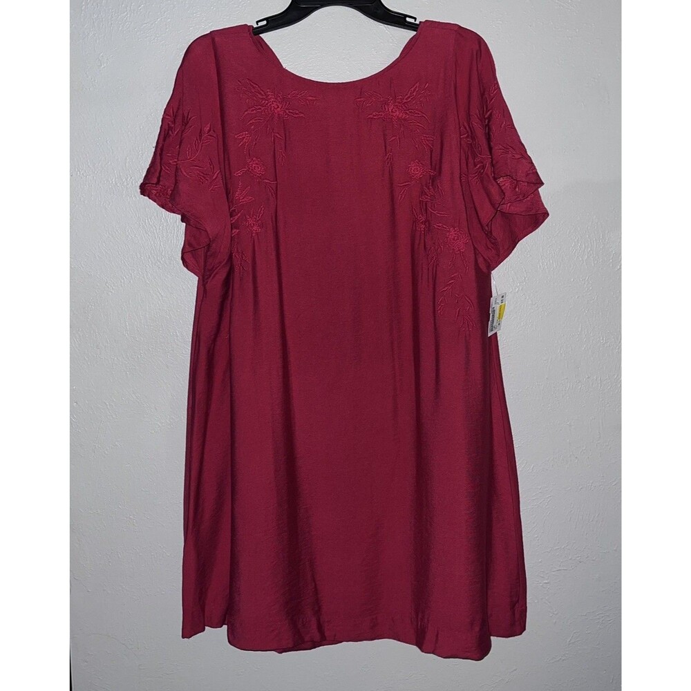 New Loft Women Sz L Red Floral Embroidered Shift Dress Cross Back Short Sleeve